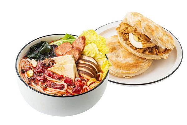 米线+花干鸡蛋夹馍