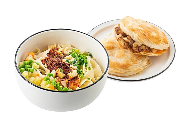 油泼面+肥瘦肉夹馍